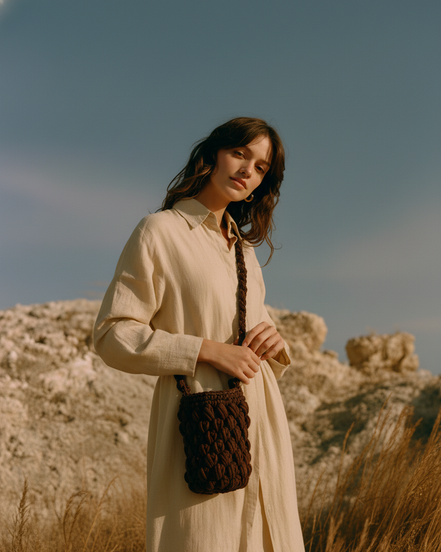 Bolso artesanal de crochet en tono chocolate para mujer