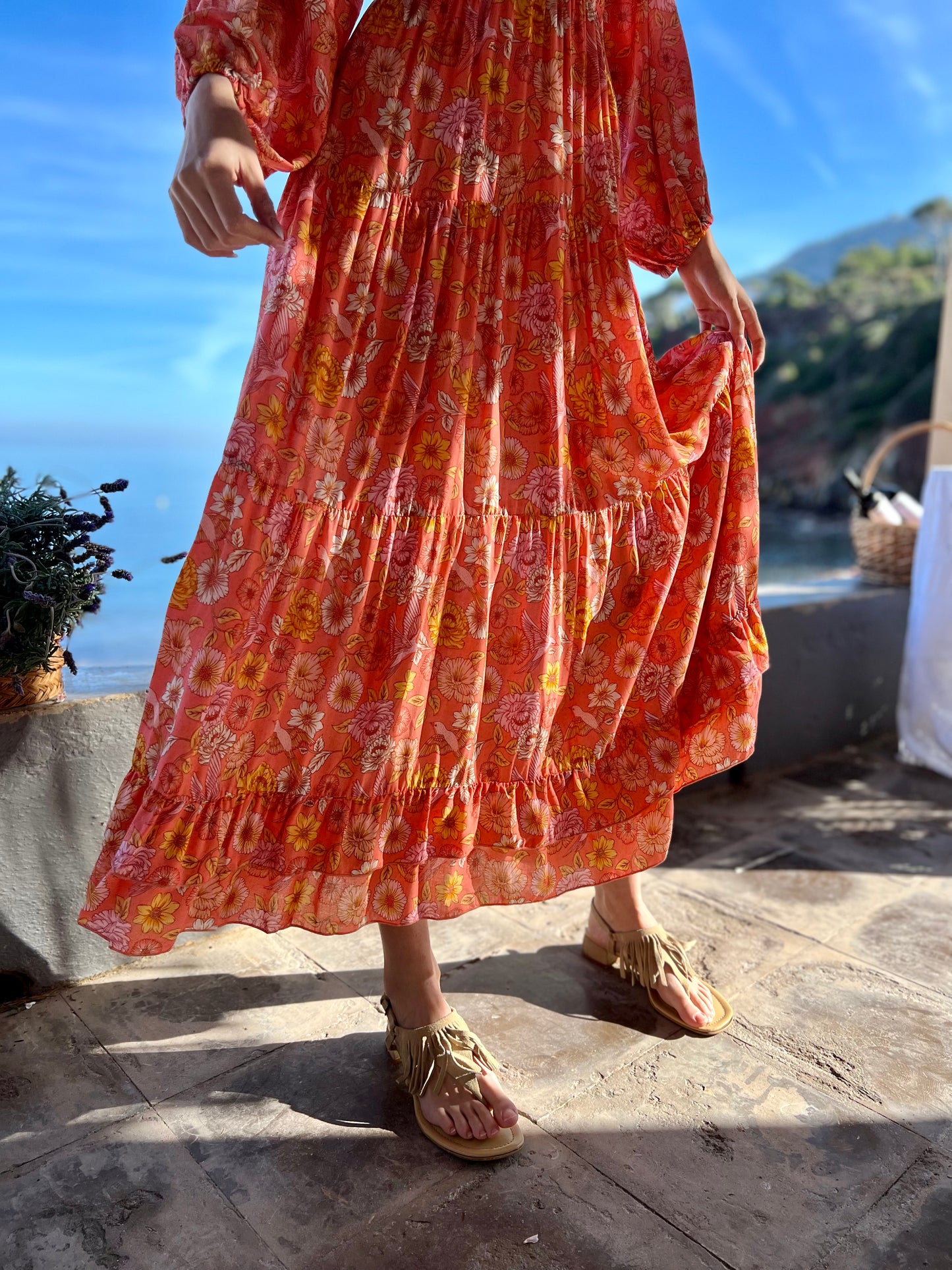Vestido largo flores naranjas